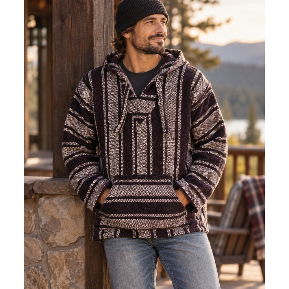 Artesanias F.R. Inc. Baja Hoodie XL Purple Black Striped Drug Rug Pullover